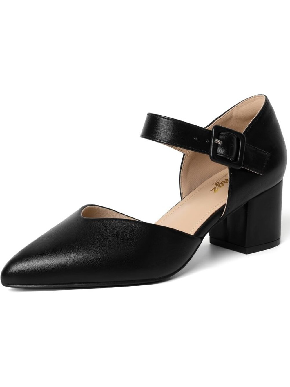 Women's Black Pu 1 Kitten Heel Pointed Closed Ankle Strap Buckle Slip On Shoes